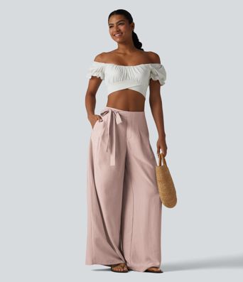 Pantalon large fluide taille haute en lin mélangé avec poches et liens latéraux Pantalon large fluide taille haute en lin mélangé avec poches et liens latéraux
