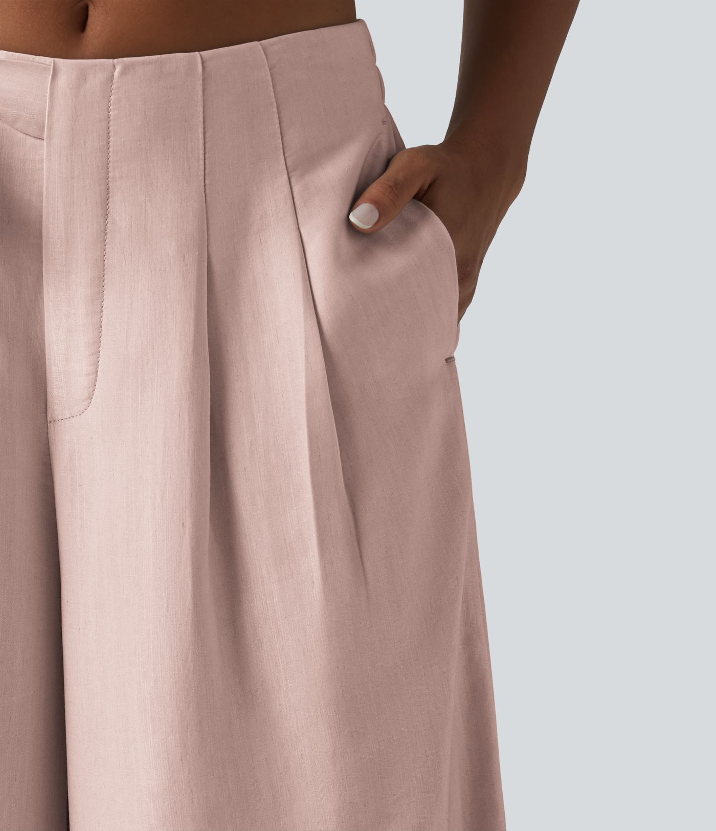 Pantalon large fluide taille haute en lin mélangé avec poches et liens latéraux Pantalon large fluide taille haute en lin mélangé avec poches et liens latéraux