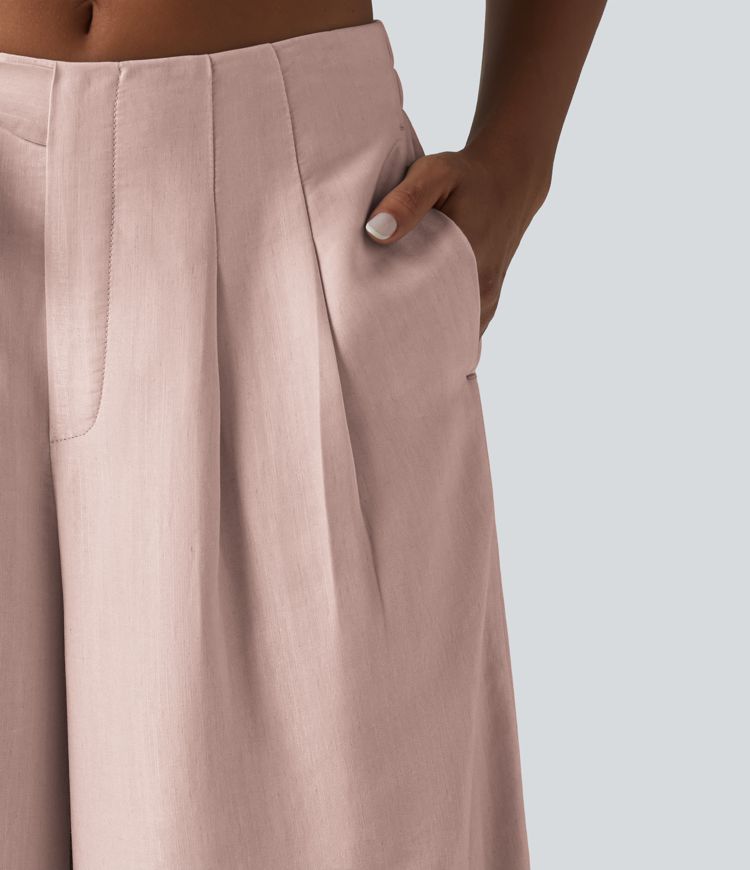 Pantalon large fluide taille haute en lin mélangé avec poches et liens latéraux Pantalon large fluide taille haute en lin mélangé avec poches et liens latéraux
