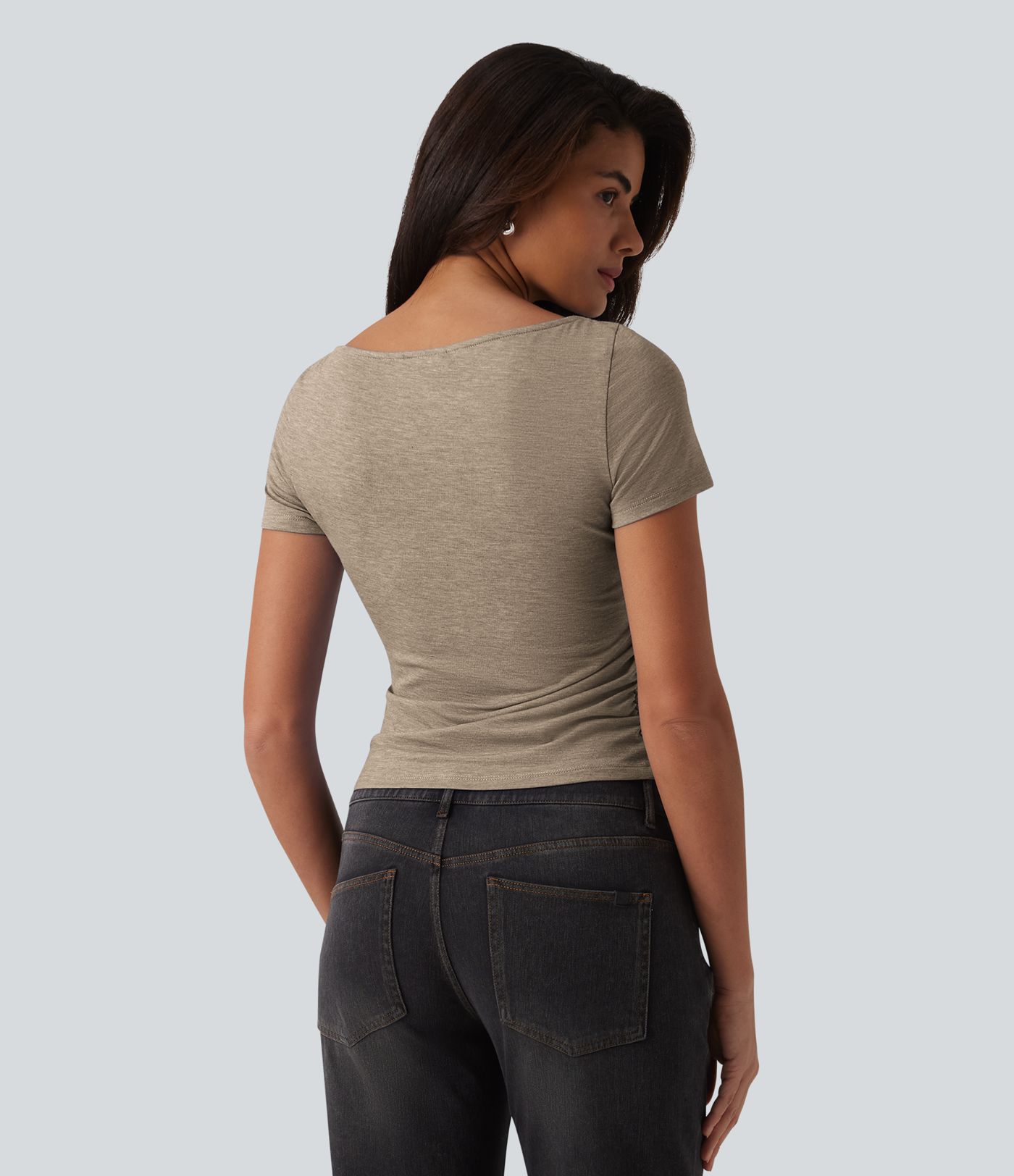 Boat Neck Short Sleeve Ruched Casual T-Shirt