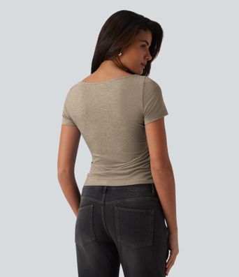 Boat Neck Short Sleeve Ruched Casual T-Shirt