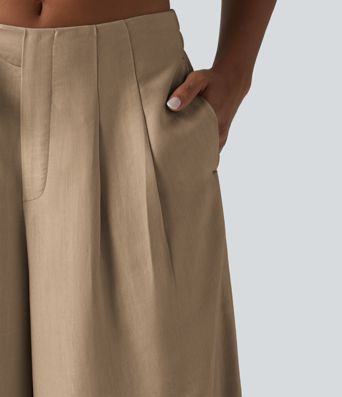 Pantalon large fluide taille haute en lin mélangé avec poches et liens latéraux