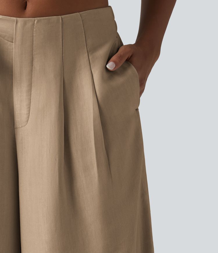 Pantalon large fluide taille haute en lin mélangé avec poches et liens latéraux