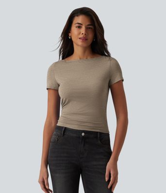 Boat Neck Short Sleeve Ruched Casual T-Shirt