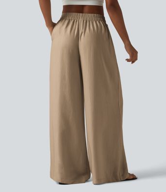 Pantalon large fluide taille haute en lin mélangé avec poches et liens latéraux