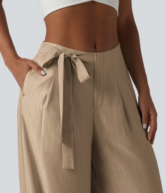 Pantalon large fluide taille haute en lin mélangé avec poches et liens latéraux