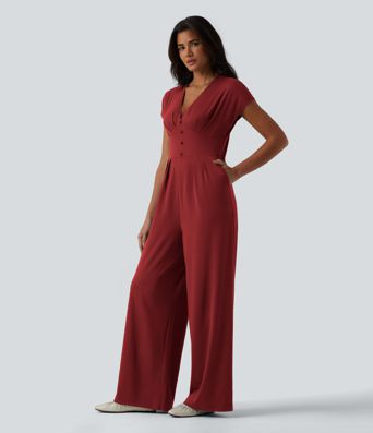 V Neck Short Sleeve Wide Leg Casual Jumpsuit with Pockets-Easy Peezy Edition