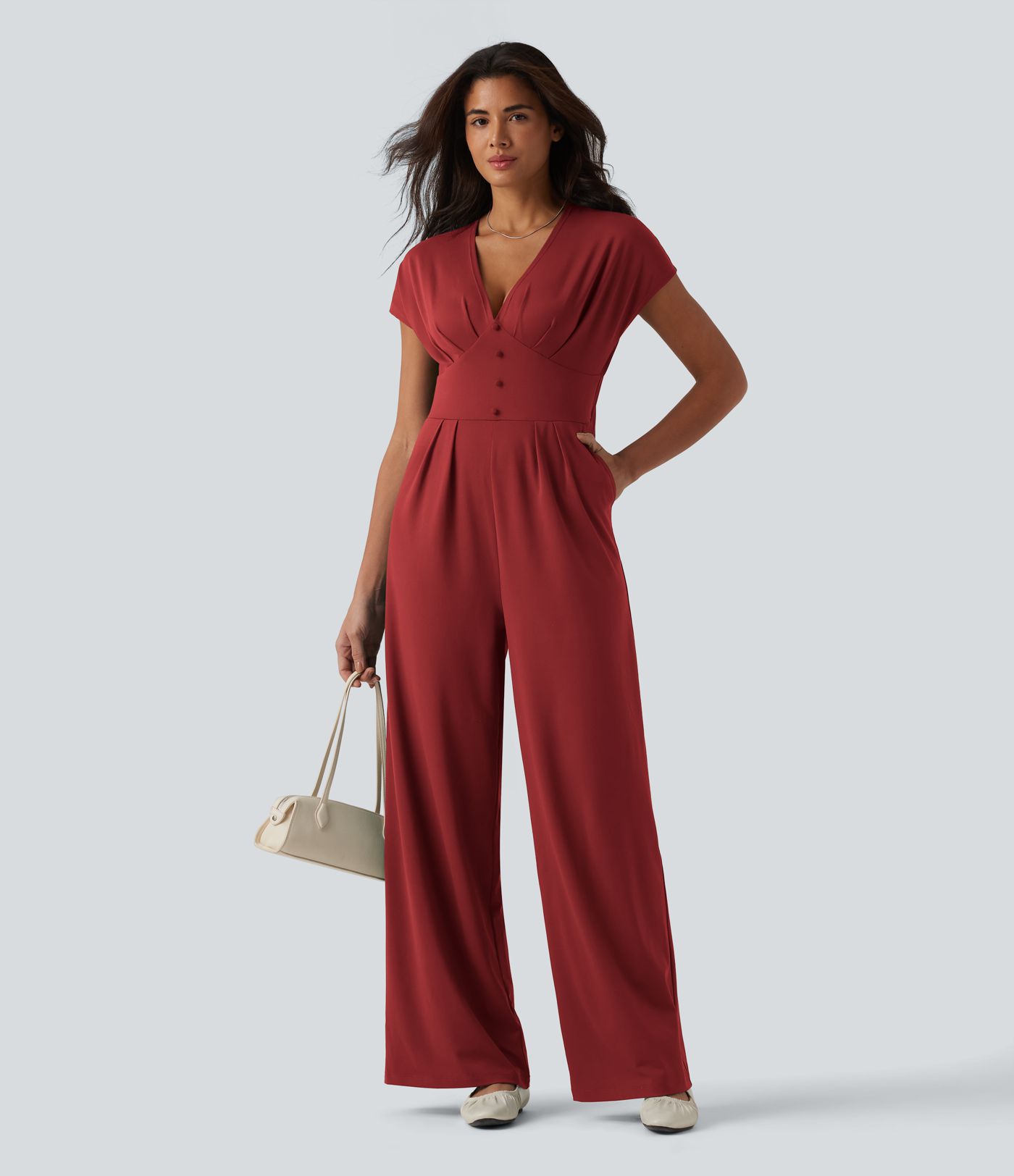 V Neck Short Sleeve Wide Leg Casual Jumpsuit with Pockets-Easy Peezy Edition