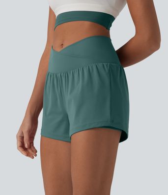 SoftlyZero™ Airy Crossover High Waisted 2-in-1 Cool Touch Yoga Shorts 3'' with Pockets