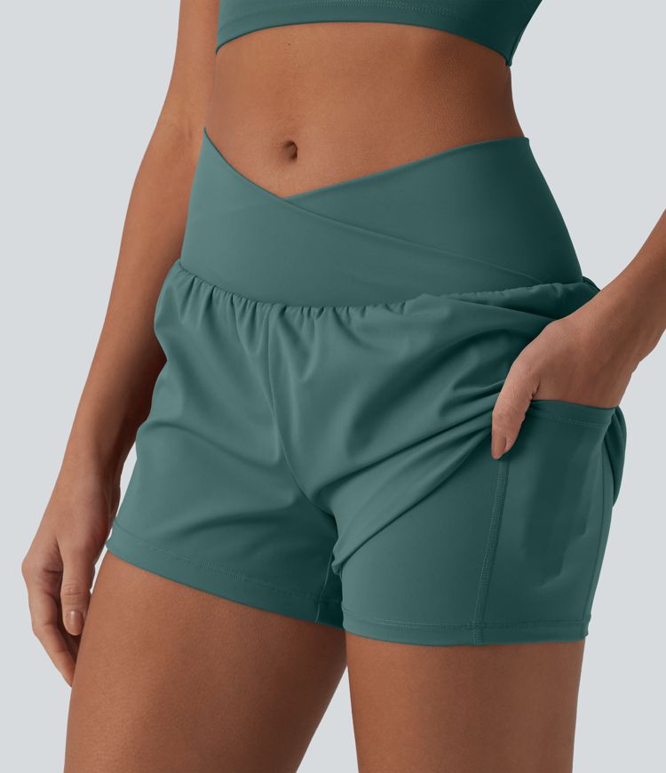 SoftlyZero™ Airy Crossover High Waisted 2-in-1 Cool Touch Yoga Shorts 3'' with Pockets