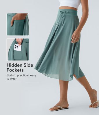 High Waisted Drawstring Contrast Mesh 2-in-1 Pocket Flowy Midi Flare Casual Skirt