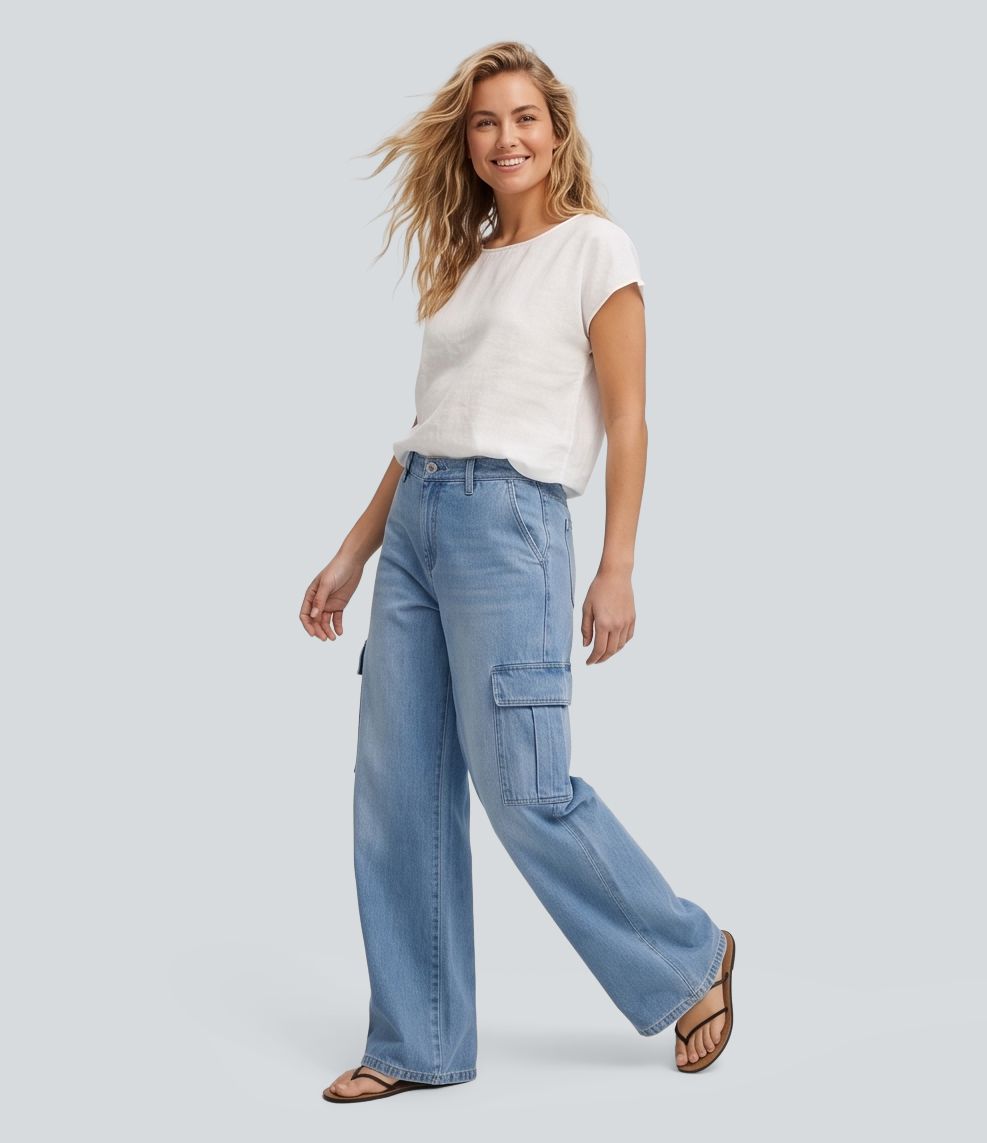 Mid Rise Baggy Casual Jeans with Pockets Mid Rise Baggy Casual Jeans with Pockets