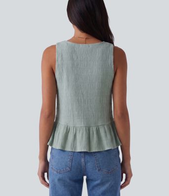 Round Neck Built-in Bra Ruffle Hem Casual Tank Top