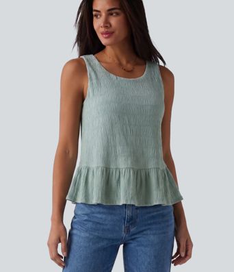 Round Neck Built-in Bra Ruffle Hem Casual Tank Top