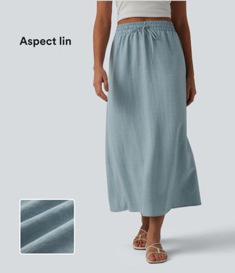 Jupe longue casual aspect lin taille haute avec cordon de serrage