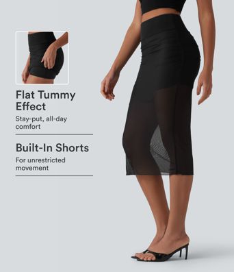 High Waisted Tummy Control 2-in-1 Mesh Bodycon Midi Casual Skirt