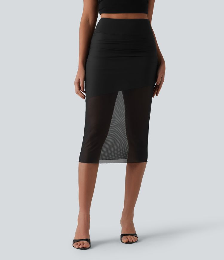 High Waisted Tummy Control 2-in-1 Mesh Bodycon Midi Casual Skirt