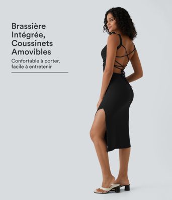 Robe midi laquée fendue, brassière intégrée, dos nu croisé Robe midi laquée fendue, brassière intégrée, dos nu croisé