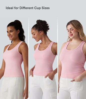 Ribbed Knit U Neck Built-in Bra Dance Tank Top B-E Cups