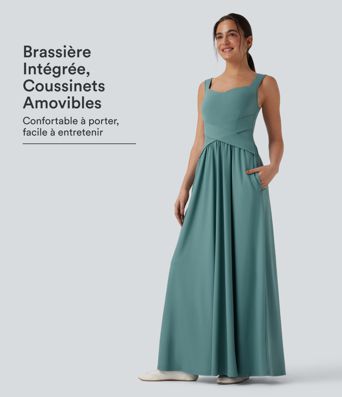 Robe maxi casual fluide dos nu, avec brassière intégrée et poches