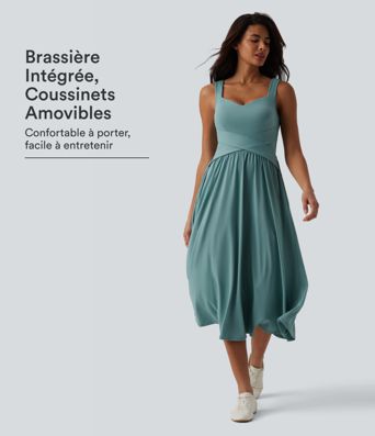 Robe décontractée midi fluide sans manches dos croisé, avec brassière intégrée (Bonnets E-G) et poches