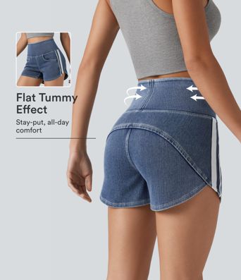 Halara Flex™ High Waisted Tummy Control Curved Hem Stripe Denim Casual Shorts with Pockets
