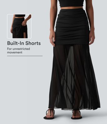 High Waisted Ruched Maxi 2-in-1 Casual Flowy Mesh Skirt