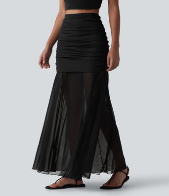 High Waisted Ruched Maxi 2-in-1 Casual Flowy Mesh Skirt