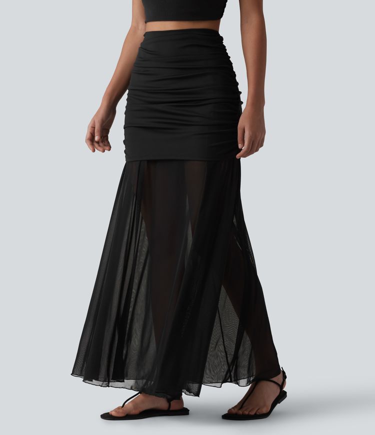 High Waisted Ruched Maxi 2-in-1 Casual Flowy Mesh Skirt