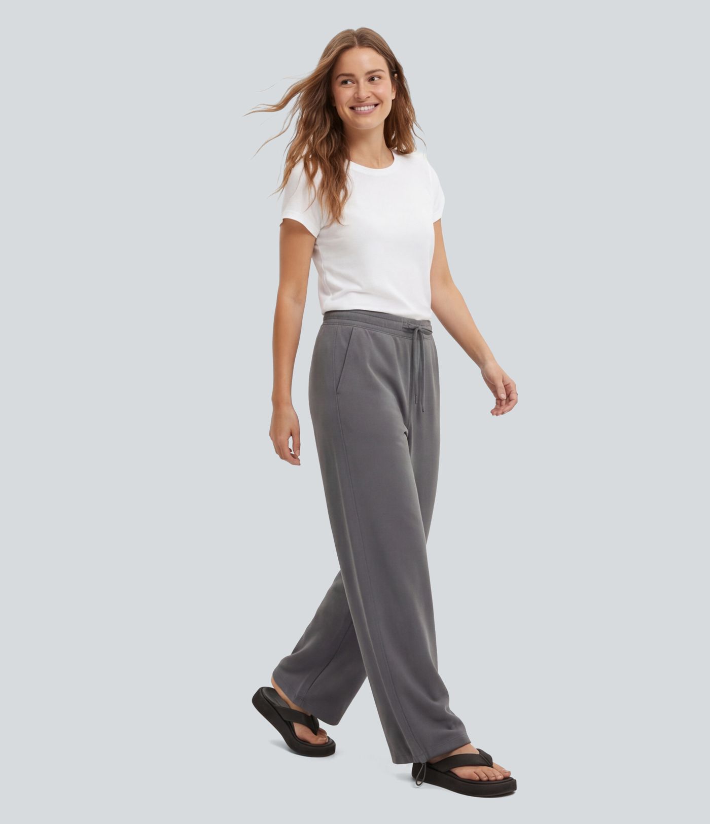 Mid Rise Drawstring Casual Wide-leg Pants with Pockets