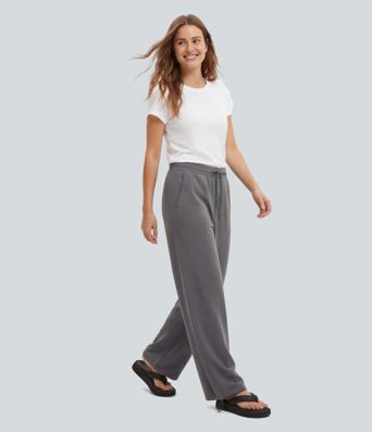 Mid Rise Drawstring Casual Wide-leg Pants with Pockets