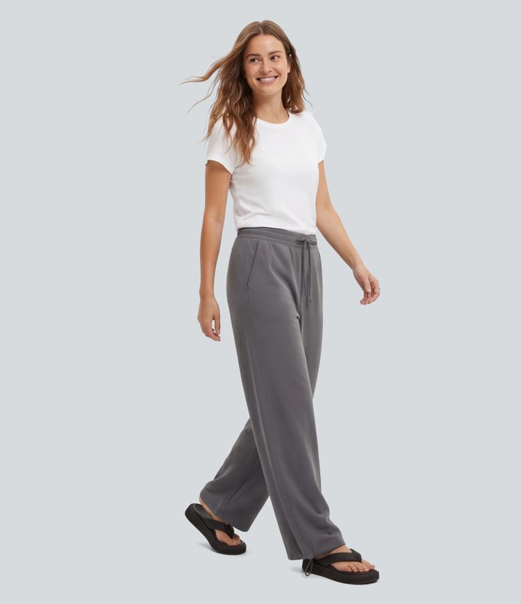Mid Rise Drawstring Casual Wide-leg Pants with Pockets