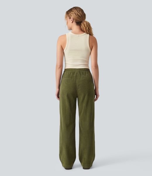 Mid Rise Drawstring Corduroy Casual Baggy Pants with Pockets