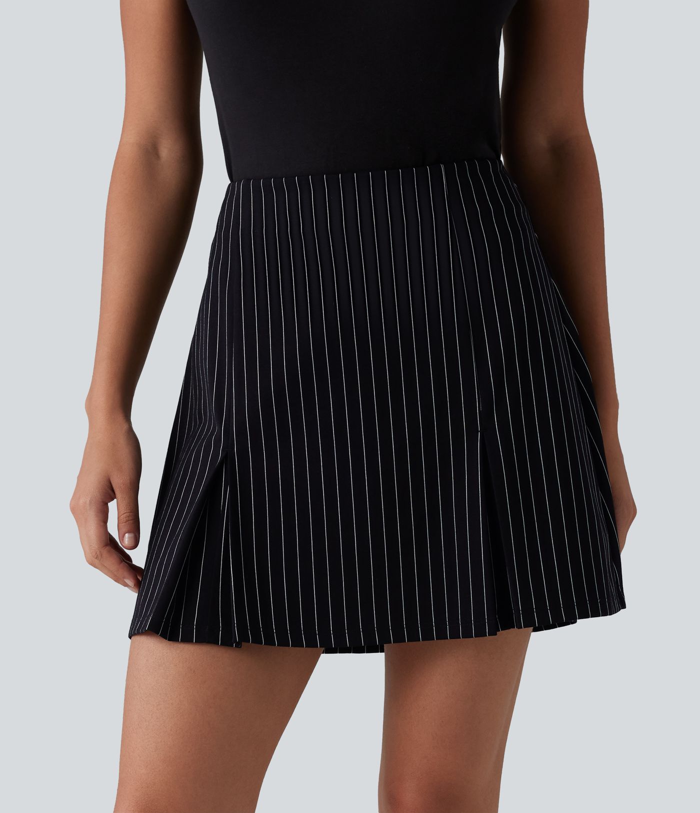 High Waisted Longer Mini 2-in-1 Cool Touch Stripe Work A-Line Skirt