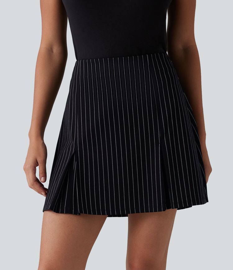 High Waisted Longer Mini 2-in-1 Cool Touch Stripe Work A-Line Skirt