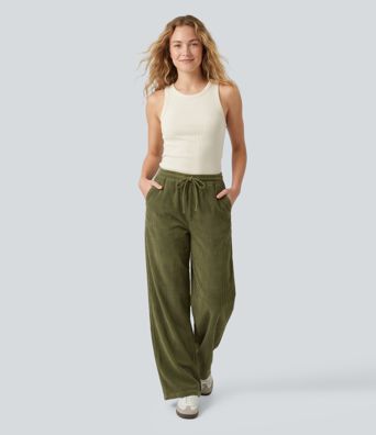 Mid Rise Drawstring Corduroy Casual Baggy Pants with Pockets