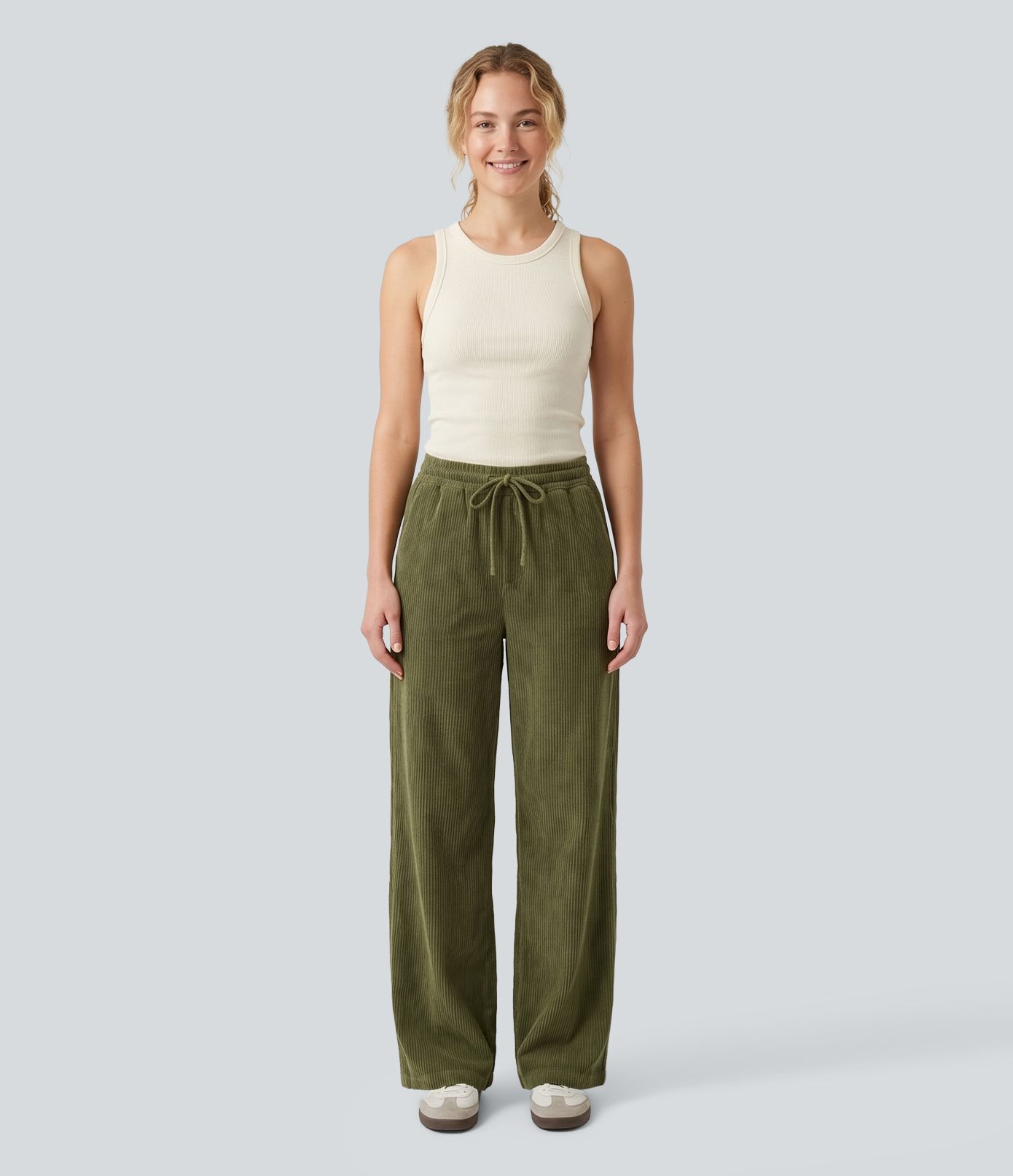 Mid Rise Drawstring Corduroy Casual Baggy Pants with Pockets
