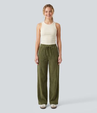 Mid Rise Drawstring Corduroy Casual Baggy Pants with Pockets