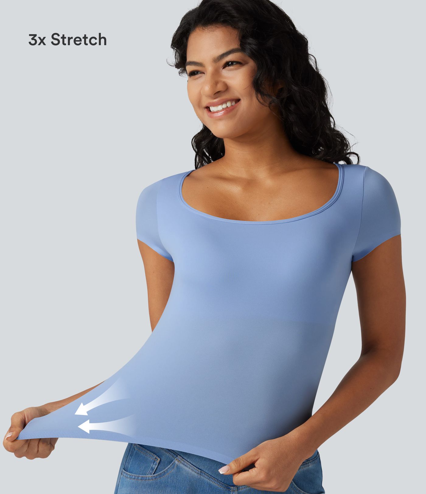 High Stretch Square Neck Built-in Bra Short Sleeve Casual T-Shirt B-DD Cups