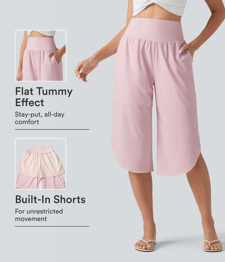 Breezeful™ High Waisted Tummy Control Curved Hem Quick Dry Capri Pants with Pockets