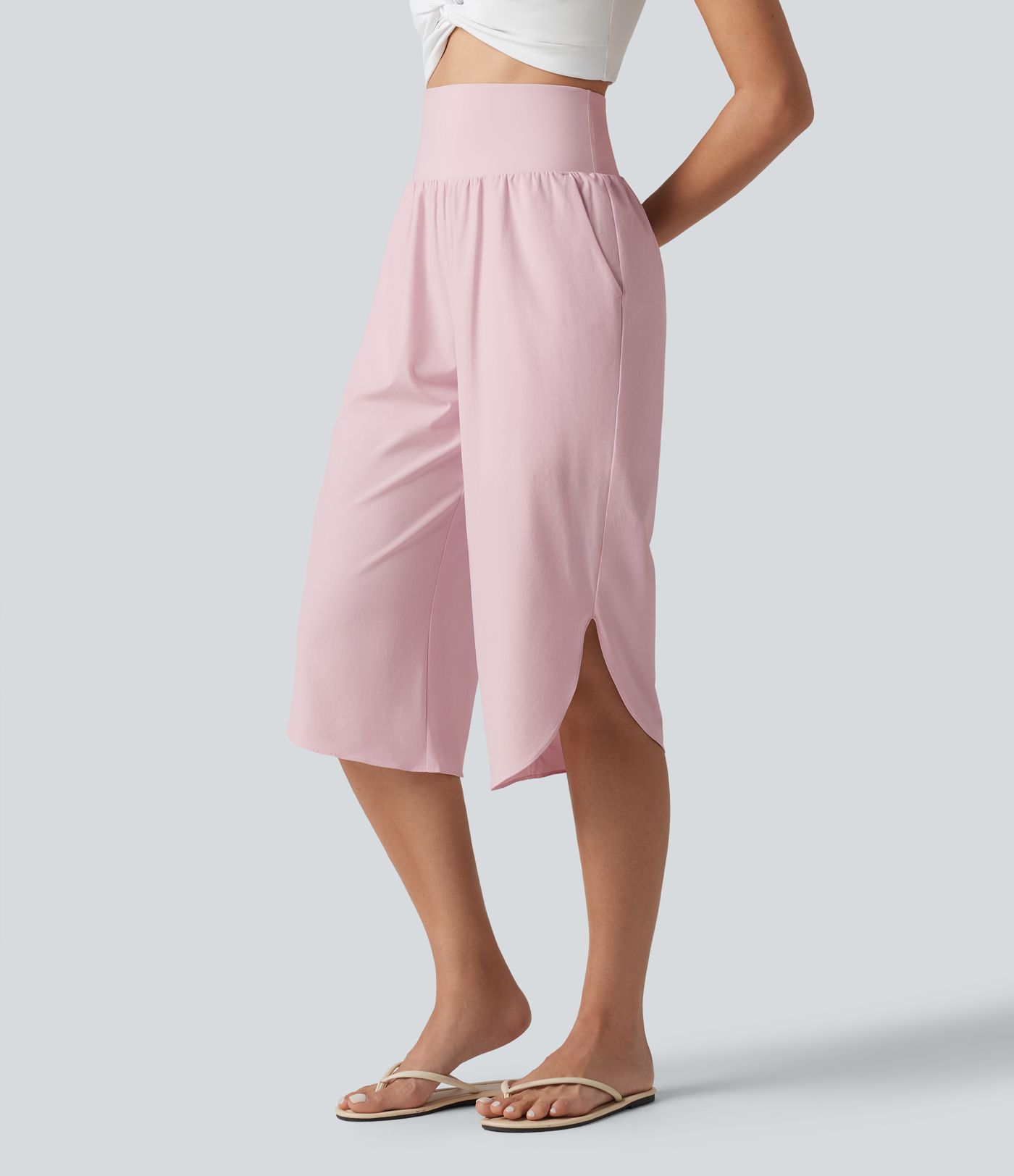 Breezeful™ High Waisted Tummy Control Curved Hem Quick Dry Capri Pants with Pockets
