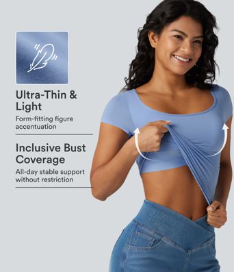High Stretch Square Neck Built-in Bra Short Sleeve Casual T-Shirt B-DD Cups