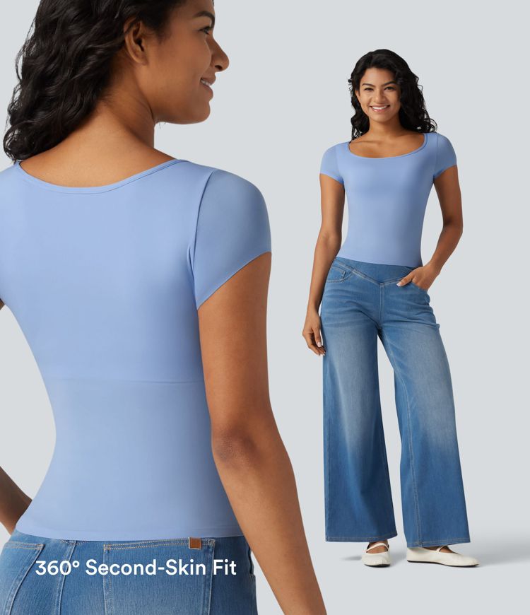 High Stretch Square Neck Built-in Bra Short Sleeve Casual T-Shirt B-DD Cups