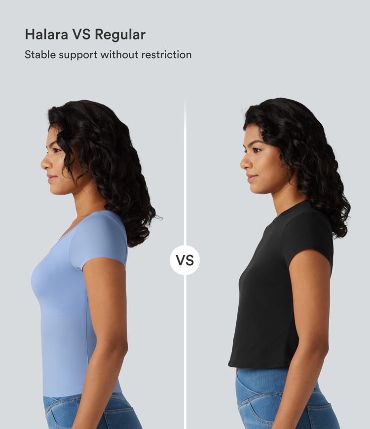 High Stretch Square Neck Built-in Bra Short Sleeve Casual T-Shirt B-DD Cups