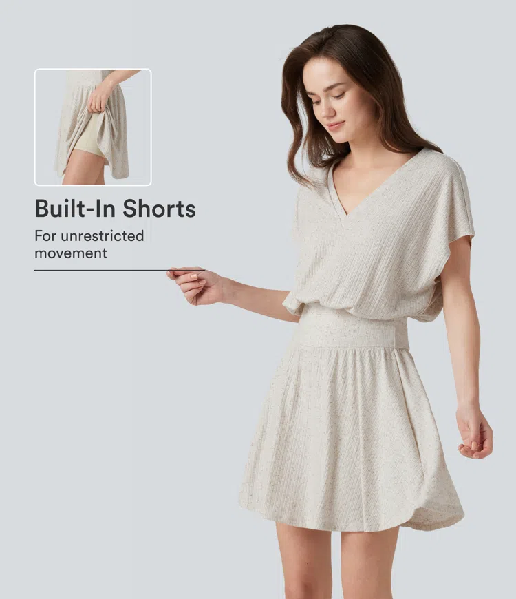 Soft Plaid Mist Robe mini fluide 2-en-1 en mélange de lin, en maille côtelée, col en V et manches courtes, style décontracté / 1