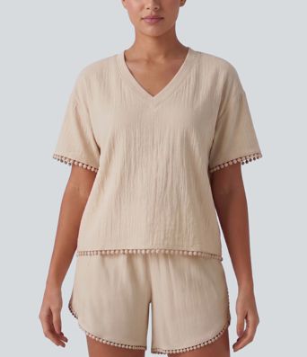 V Neck Short Sleeve Lounge Top