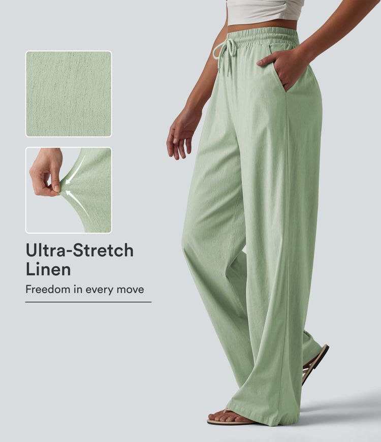 High Waisted Drawstring Wide Leg Baggy Casual Stretch Linen Pants with Pockets High Waisted Drawstring Wide Leg Baggy Casual Stretch Linen Pants with Pockets