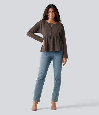 Henley Long Sleeve Waffle Casual Babydoll Top
