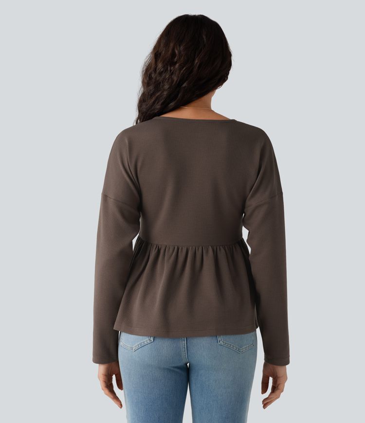 Henley Long Sleeve Waffle Casual Babydoll Top