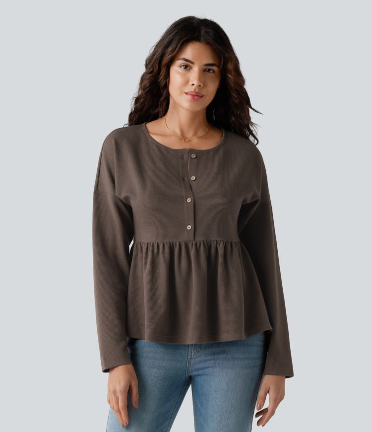 Henley Long Sleeve Waffle Casual Babydoll Top